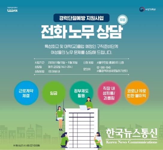 사진 : 서울광역여성새로일하기센터의 청년 여성의 직장 문제 해결을 위한 노무상담 안내 포스터이다.